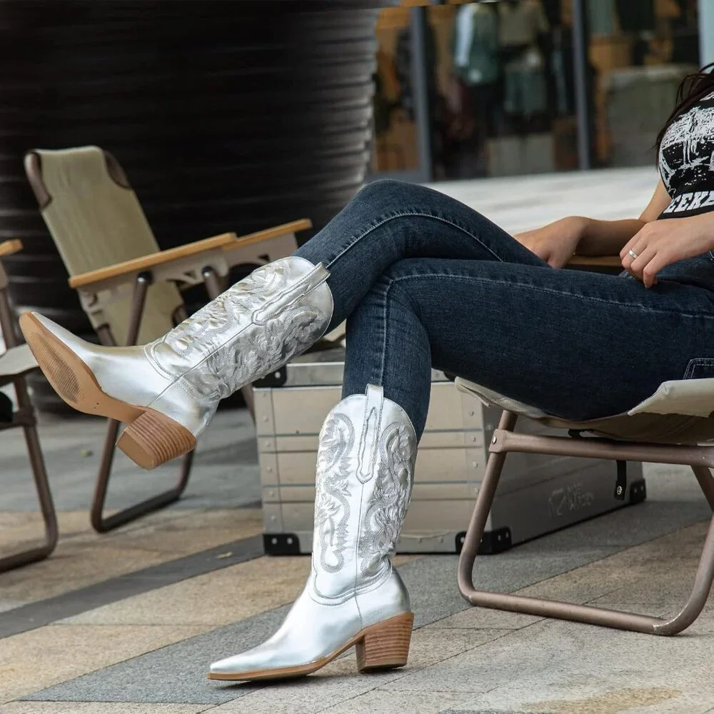 ✨ Women's Silver Cowgirl Embroidered Cowboy Chunky Block Heel Western Boots